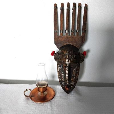 N'TOMO WOODEN MASK AND COPPER BASED OIL LAMP