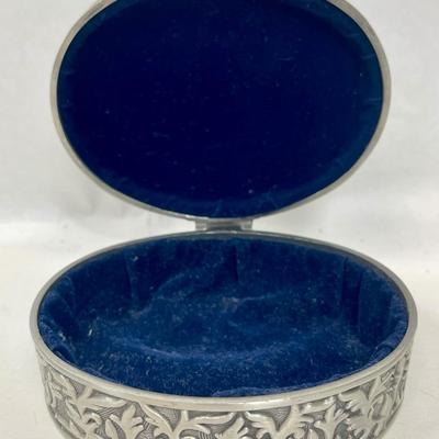 Vintage Silver Tone Scroll Trinket Jewelry Box Blue Velvet Interior