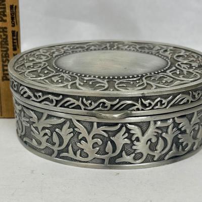 Vintage Silver Tone Scroll Trinket Jewelry Box Blue Velvet Interior