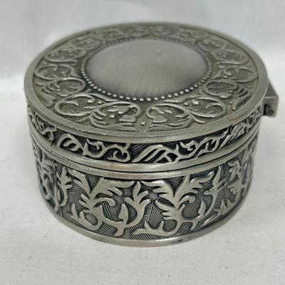 Vintage Silver Tone Scroll Trinket Jewelry Box Blue Velvet Interior