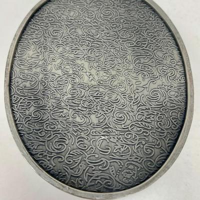 Vintage Silver Tone Scroll Trinket Jewelry Box Blue Velvet Interior