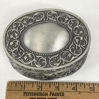 Vintage Silver Tone Scroll Trinket Jewelry Box Blue Velvet Interior