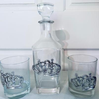 King & Queen Crown Glass Decanter & 2 Tumbler -