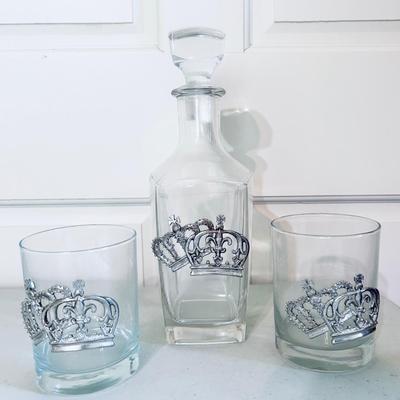 King & Queen Crown Glass Decanter & 2 Tumbler -