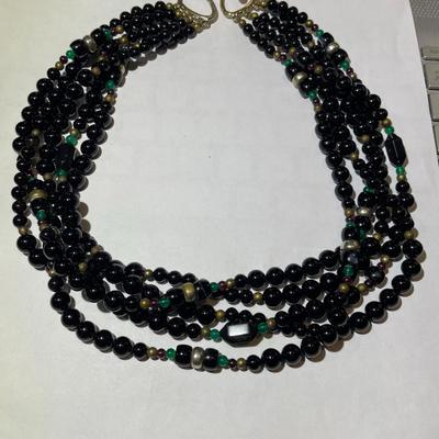 Vintage 5-Strand Onyx Bead Necklace 18" Long in Good Preowned Condition.