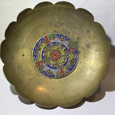 Vintage/Antique Chinese Brass Enameled Footed Bowl in Good Preowned Condition.