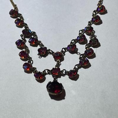 Antique Garnet Colored Rhinestone Dainty Necklace 16" in Very Good Preowned Condition.