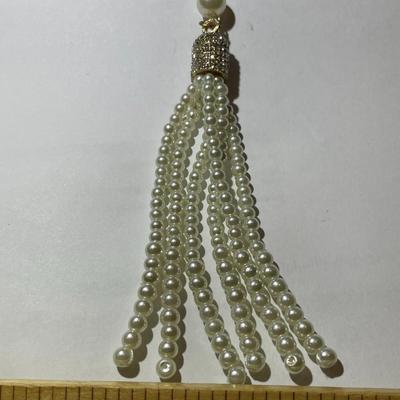 Vintage Faux Pearl & Rhinestone Pendant on a Gold-tone Double Strand Necklace 30-33" Adjustable in Very Good Preowned Condition