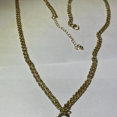 Vintage Faux Pearl & Rhinestone Pendant on a Gold-tone Double Strand Necklace 30-33" Adjustable in Very Good Preowned Condition