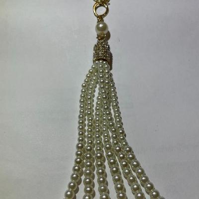 Vintage Faux Pearl & Rhinestone Pendant on a Gold-tone Double Strand Necklace 30-33" Adjustable in Very Good Preowned Condition