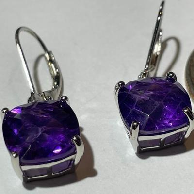 Dainty Sterling Silver Dangling Amethyst Caliber Cut Earrings in New Never Worn Condition.