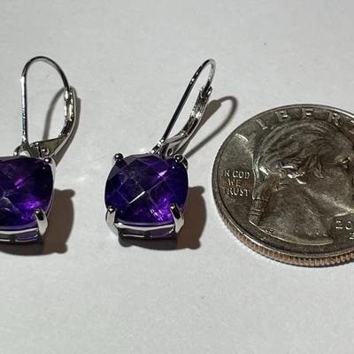 Dainty Sterling Silver Dangling Amethyst Caliber Cut Earrings in New Never Worn Condition.
