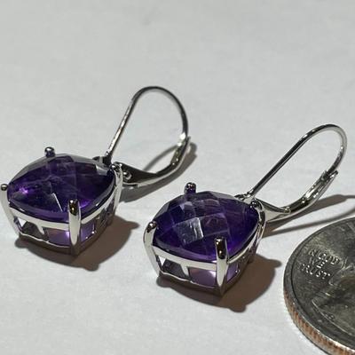 Dainty Sterling Silver Dangling Amethyst Caliber Cut Earrings in New Never Worn Condition.