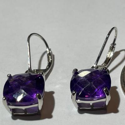 Dainty Sterling Silver Dangling Amethyst Caliber Cut Earrings in New Never Worn Condition.