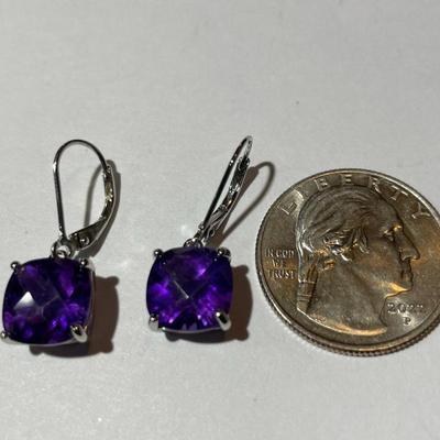 Dainty Sterling Silver Dangling Amethyst Caliber Cut Earrings in New Never Worn Condition.