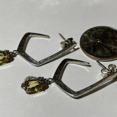 Sterling Silver Stud Backs Dangling Citrine Color Pear Shaped Earrings in New Never Worn Condition.