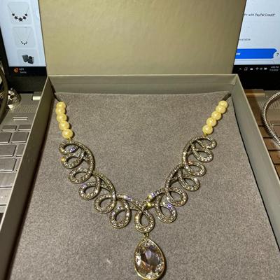 HSN's Heidi Daus Designer Clear Diamond Swarovski Crystal Swirl Statement Adjustable Necklace with Ivory Color Faux Pearls NIB as...