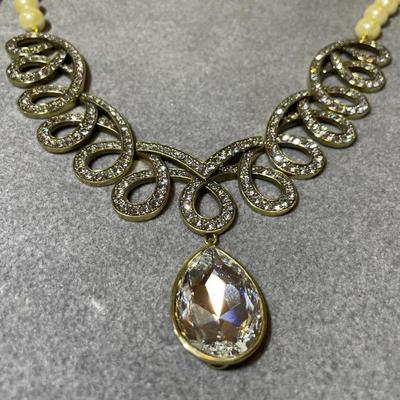 HSN's Heidi Daus Designer Clear Diamond Swarovski Crystal Swirl Statement Adjustable Necklace with Ivory Color Faux Pearls NIB as...