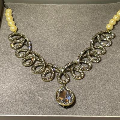 HSN's Heidi Daus Designer Clear Diamond Swarovski Crystal Swirl Statement Adjustable Necklace with Ivory Color Faux Pearls NIB as...