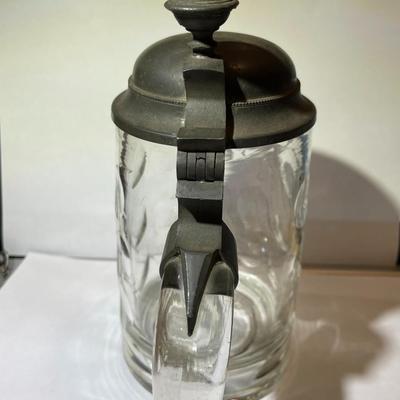 Vintage German Libby Style Dimple Glass Beer Mug/Stein w/Pewter Lid in VG Preowned Condition.
