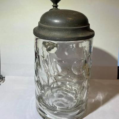 Vintage German Libby Style Dimple Glass Beer Mug/Stein w/Pewter Lid in VG Preowned Condition.