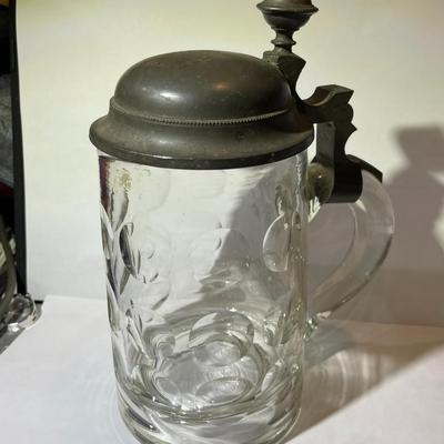 Vintage German Libby Style Dimple Glass Beer Mug/Stein w/Pewter Lid in VG Preowned Condition.