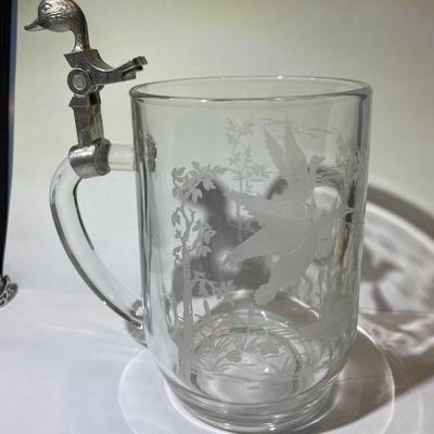 Made in France Beer Mug/Stein w/Ducks Etched Glass Scenes and No Cover/Lid as Pictured.