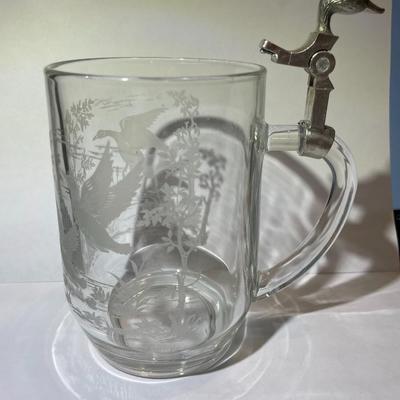 Made in France Beer Mug/Stein w/Ducks Etched Glass Scenes and No Cover/Lid as Pictured.