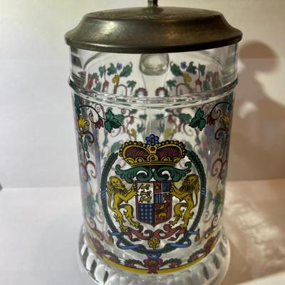 Vintage German Folk Art Beer Stein Glass Beer Stein/Mug with Pewter Lid Illustrated Bavarian w/Man & Woman w/Florals,