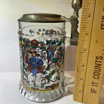 Vintage German Folk Art Beer Stein Glass Beer Stein/Mug with Pewter Lid Illustrated Bavarian w/Man & Woman w/Florals,