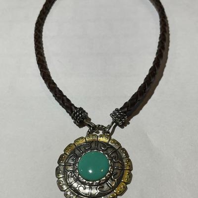 Carolyn Pollack/Relios Sterling Silver 925 Turquoise Color Pendant w/Leather Necklace 15" in VG Preowned Condition. (Jewelry #55).