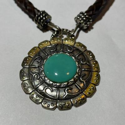 Carolyn Pollack/Relios Sterling Silver 925 Turquoise Color Pendant w/Leather Necklace 15" in VG Preowned Condition. (Jewelry #55).