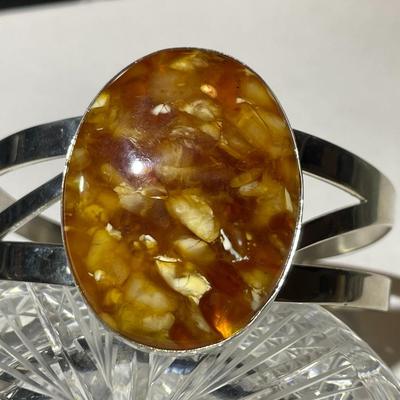 Jay King (DTR) Sterling Silver New Never Used Fashion Amber Color Cuff Bracelet Size for a 7" Wrist Preowned from an Estate....