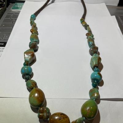 New Never Used Condition Southwest Style Turquoise Chunky Bead & Leather 30" Necklace Preowned from an Estate. (Jewelry Piece #40).