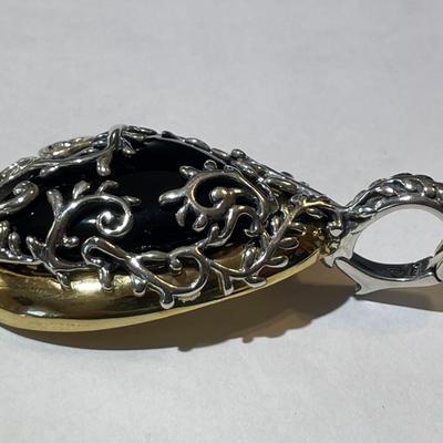 New Never Used Carolyn Pollack Sterling Silver & Brass Black Onyx Enhancer/Slide Pendant (Jewelry #13).