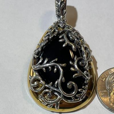 New Never Used Carolyn Pollack Sterling Silver & Brass Black Onyx Enhancer/Slide Pendant (Jewelry #13).