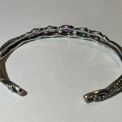 New Never Used CAROLYN POLLACK 925 Sterling Silver Amethyst Color & Blue Stone Swirl Cuff Bracelet Standard Size. (Jewelry #9).