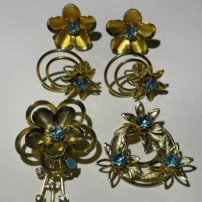 Vintage Mid-Century Gold-toned Lot of 2-Earring Sets & 2-Pins in Good Preowned Condition.