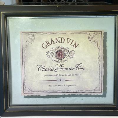 Vintage/Antique 2-Sided Glass Frame 9" x 10.5" French Wine Label Litho in Good Preowned Condition.