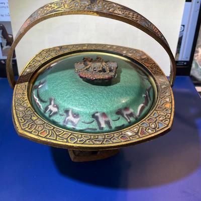 Vintage Judaica Enameled Mosaic Footed Metal Covered Bowl w/Jerusalem Handle Approx 7" Tall w/Handle as Pictured.