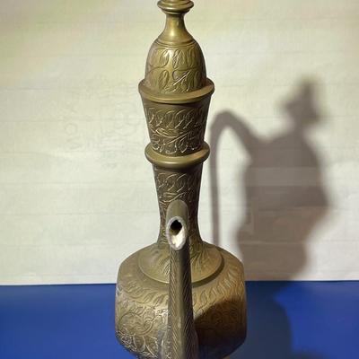 Vintage Solid Brass Etched Detail Oil or Tea Pitcher 9.35" Tall in Good Preowned Condition as Pictured.