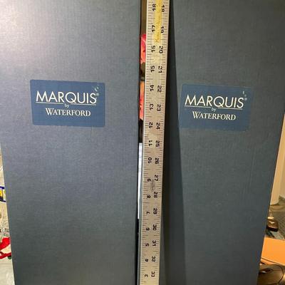 Pair of Marquis by Waterford Scarce Delicate Elongated Stem 14"" Tall Candlestick Holders New in Box.