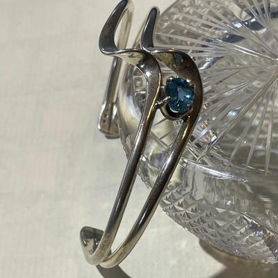 Vintage Sterling Silver Blue Stone Standard Size Cuff Bracelet in Good Preowned Condition.