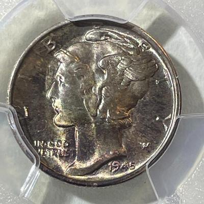 PCGS CERTIFIED 1945-S MS66 SUPERB TONED MERCURY SILVER DIME AS PICTURED.