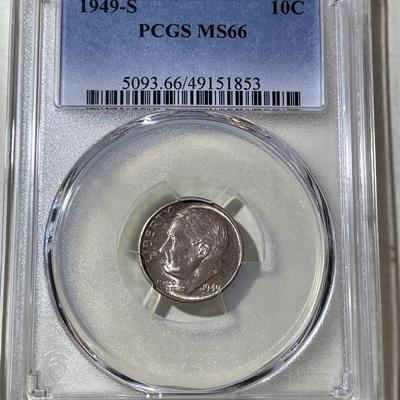 PCGS CERTIFIED 1949-S MS66 SUPERB TONED ROOSEVELT SILVER DIME AS PICTURED.