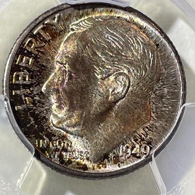 PCGS CERTIFIED 1949-D MS67 FULL BAND SUPERB TONED ROOSEVELT SILVER DIME AS PICTURED.