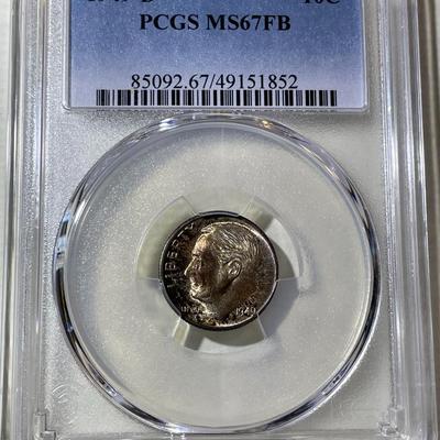 PCGS CERTIFIED 1949-D MS67 FULL BAND SUPERB TONED ROOSEVELT SILVER DIME AS PICTURED.