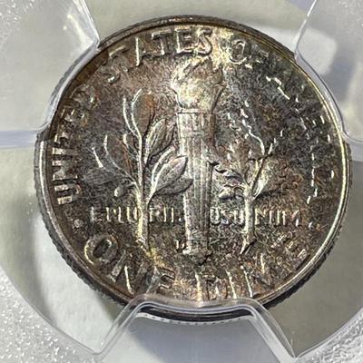PCGS CERTIFIED 1946-D MS66 SUPERB TONED ROOSEVELT SILVER DIME AS PICTURED.