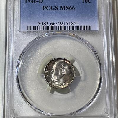 PCGS CERTIFIED 1946-D MS66 SUPERB TONED ROOSEVELT SILVER DIME AS PICTURED.