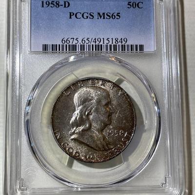 PCGS CERTIFIED 1958-D MS65 SUPERB TONED FRANKLIN SILVER HALF DOLLAR AS PICTURED.